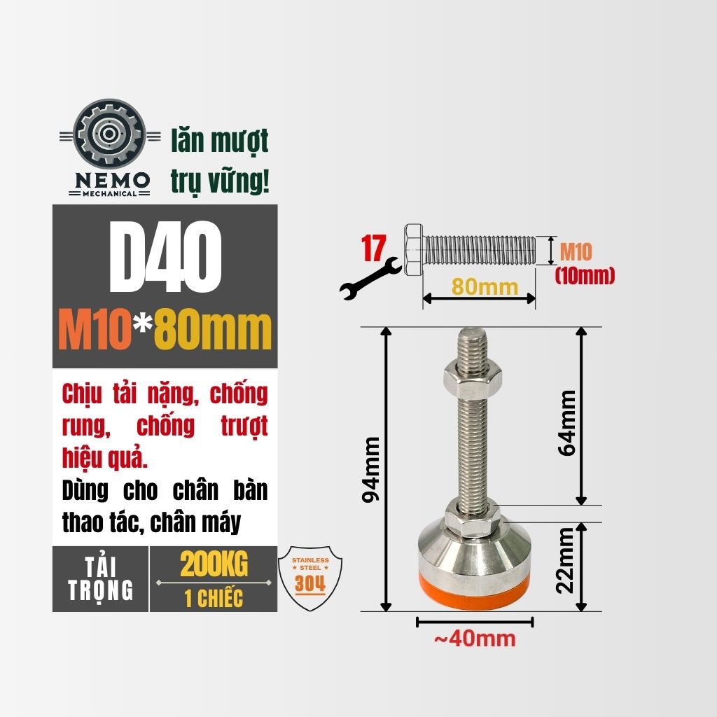 Chân Tăng Chỉnh Inox 304 Ren M10 – Chống Gỉ Tuyệt Đối, Đế Bát Dày Chịu Tải Nặng